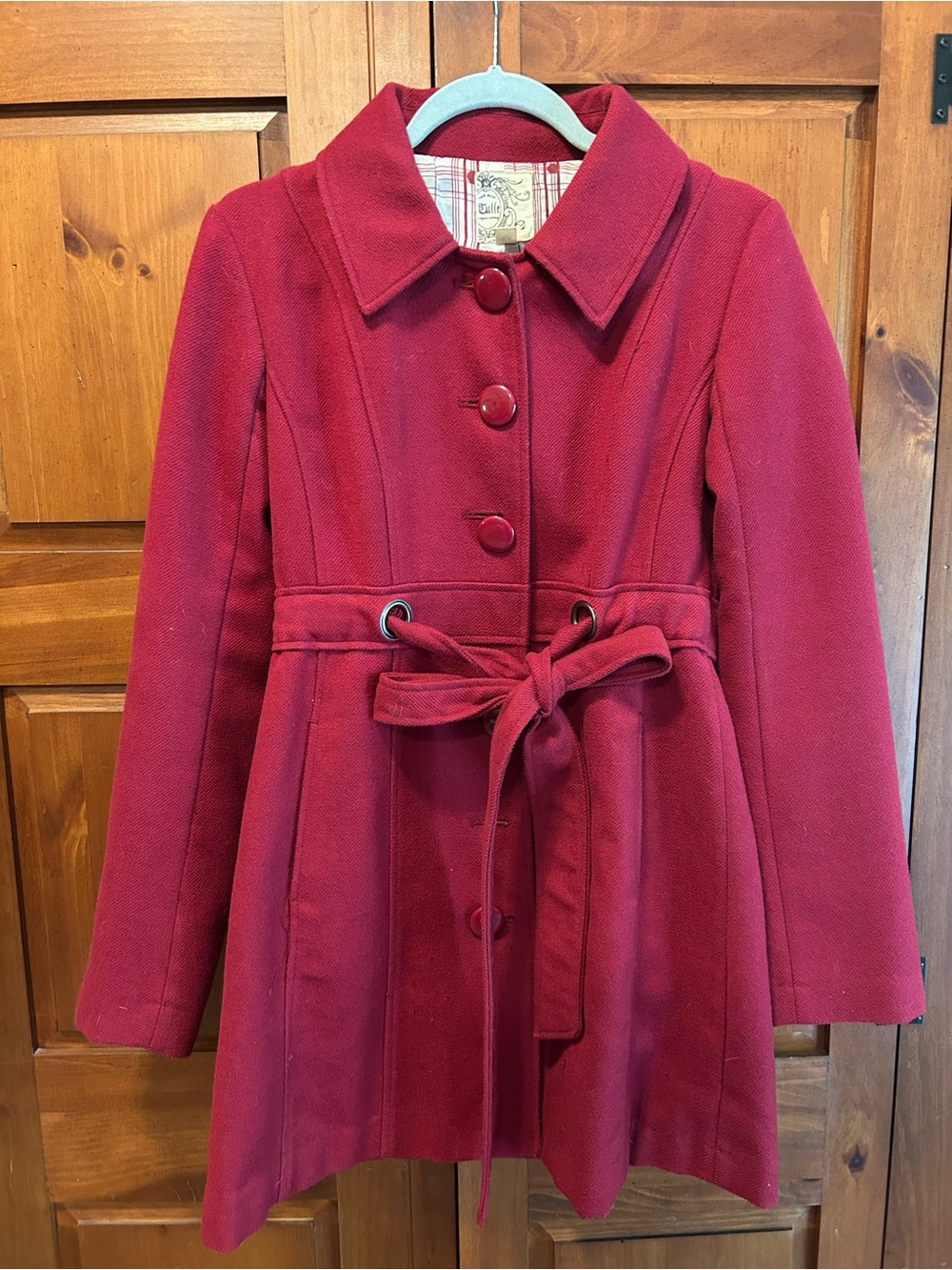 Tulle Red Pea Coat with Tie Waist